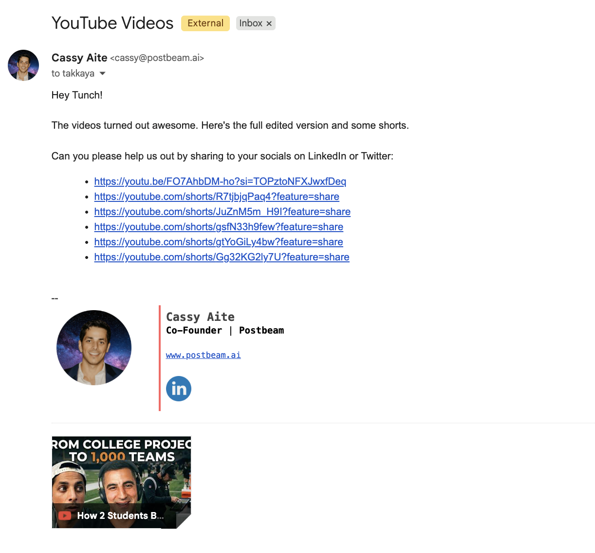 Email sending a guest the full video and five Shorts, asking them to share on LinkedIn and Twitter