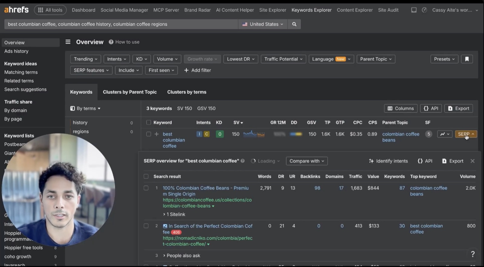 Ahrefs Keywords Explorer showing volume, keyword difficulty, and SERP overview for best Colombian coffee
