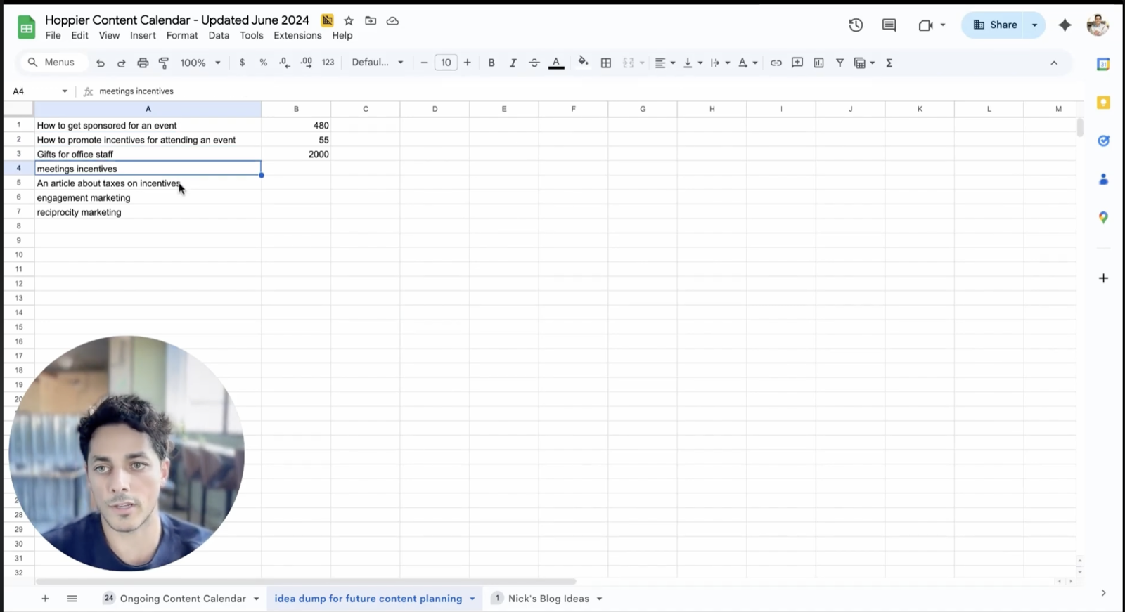Hoppier content calendar idea dump: how to get sponsors for an event (480 searches), gifts for office staff (2,000 searches), taxes on incentives, engagement marketing