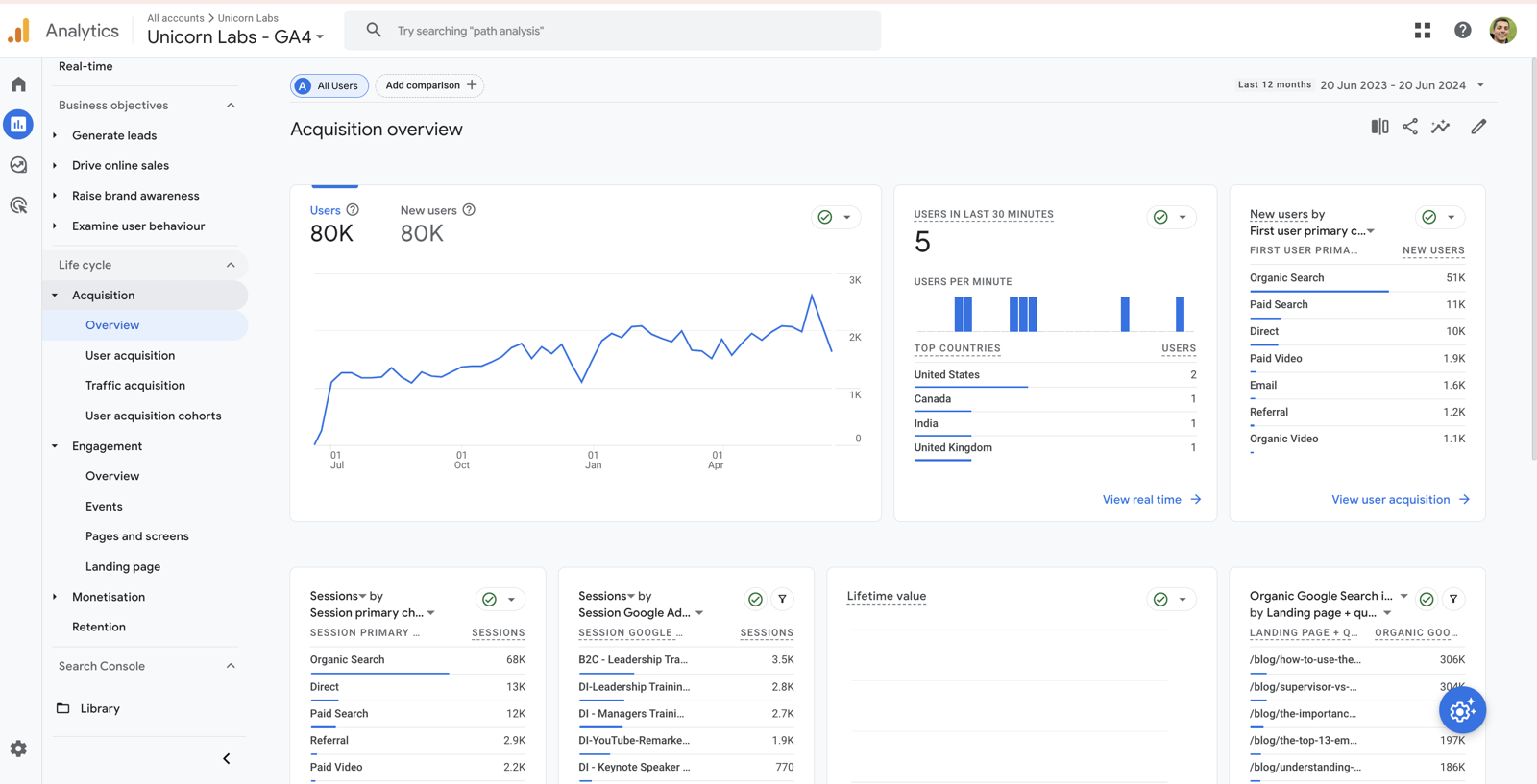Unicorn Labs Google Analytics showing 80K users in 12 months, 51K from organic search