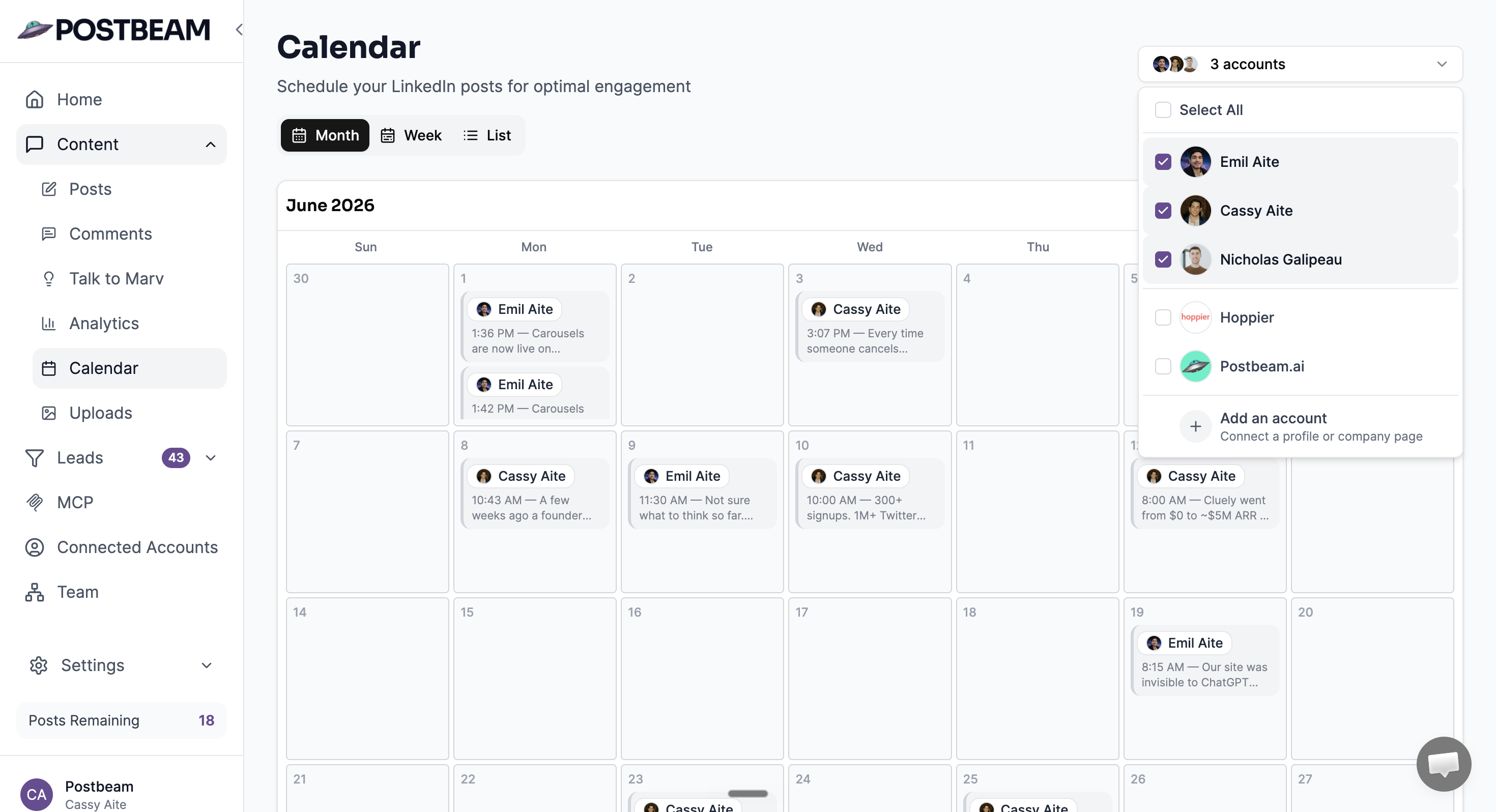 Postbeam content calendar scheduling posts across multiple executives