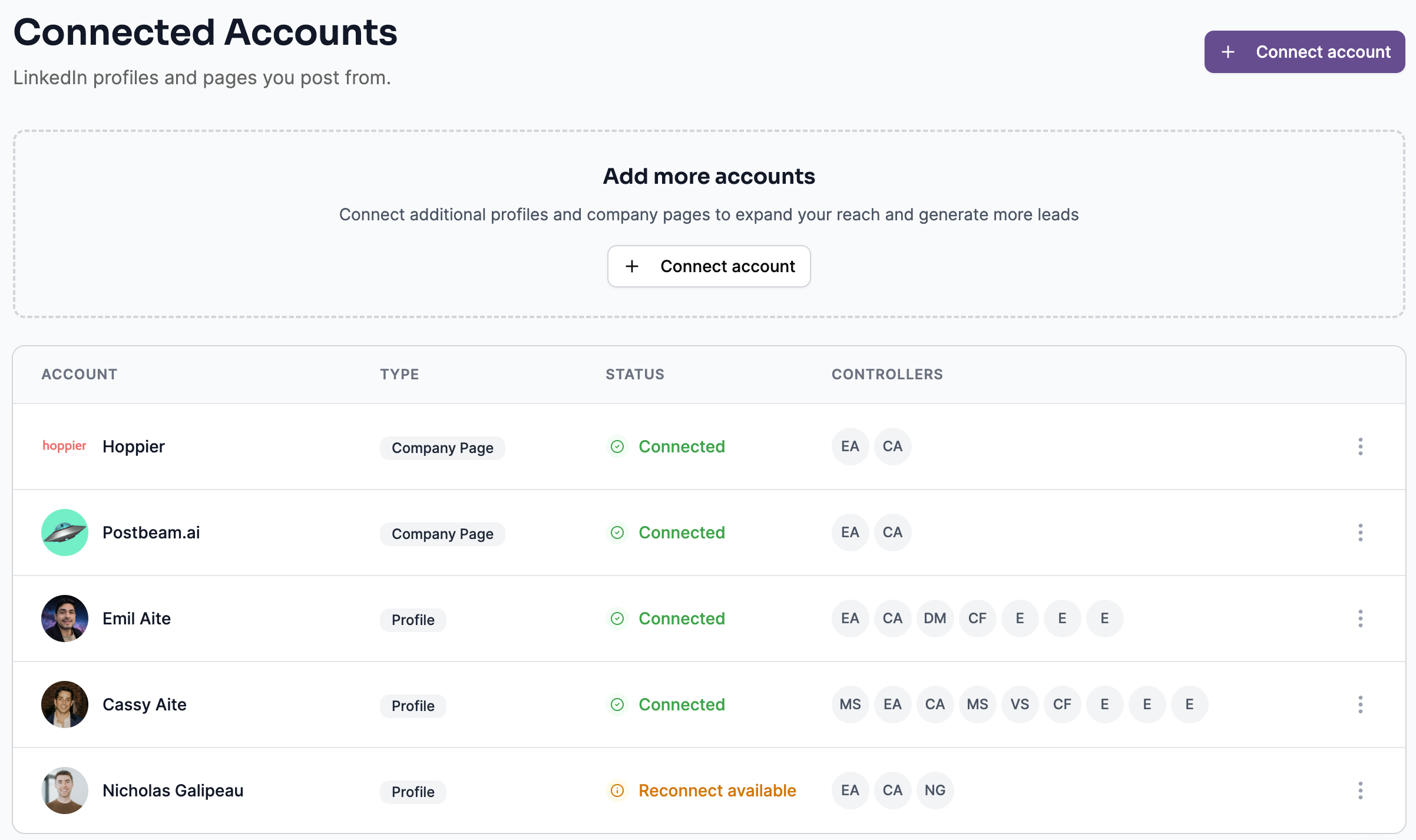 Postbeam connected accounts - multiple executives and company pages managed in one place