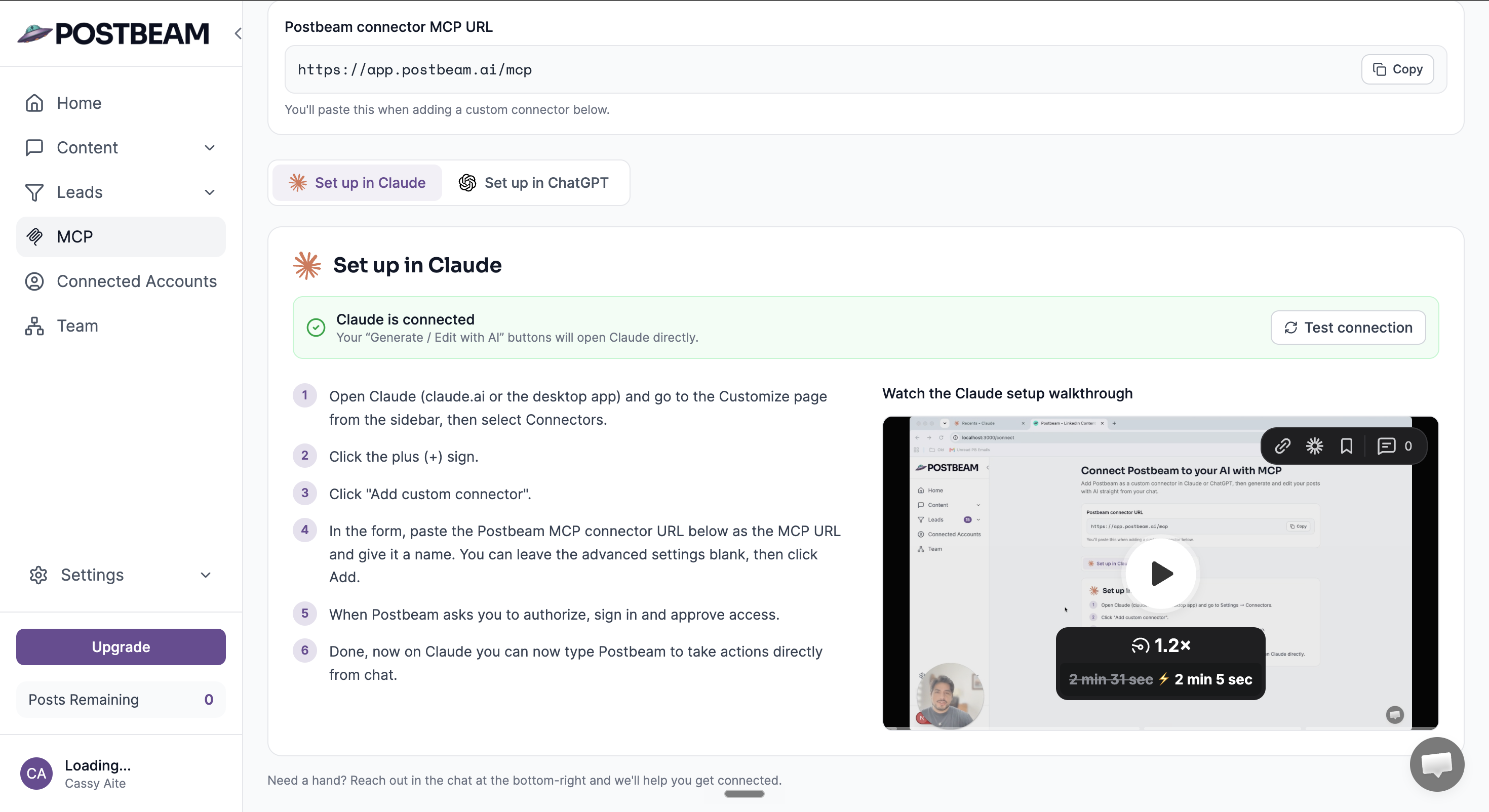 Postbeam MCP connector - link Claude, ChatGPT, or Poke to draft in each executive's voice