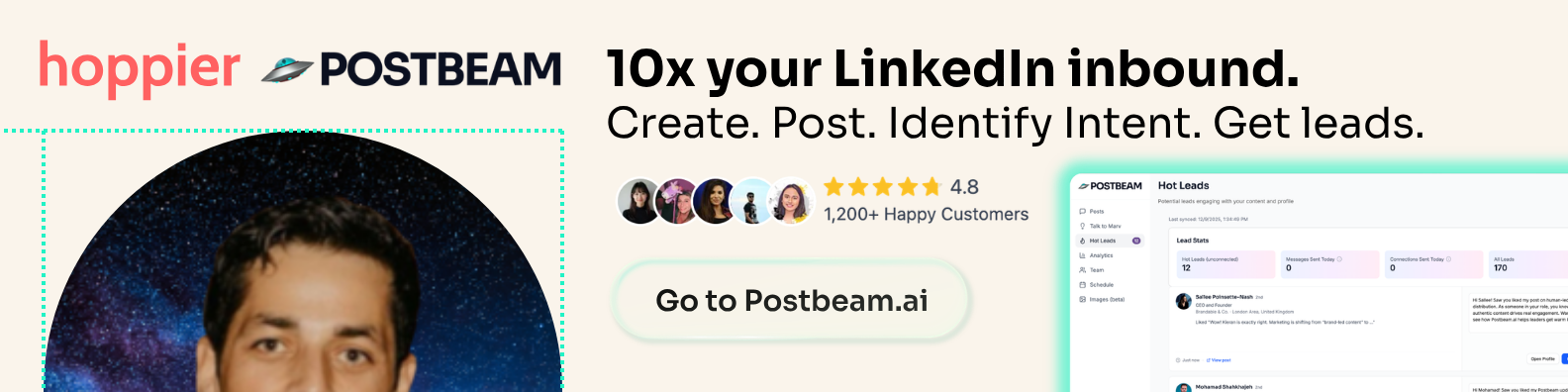 The same LinkedIn banner with a profile photo overlaid, showing the covered safe zone