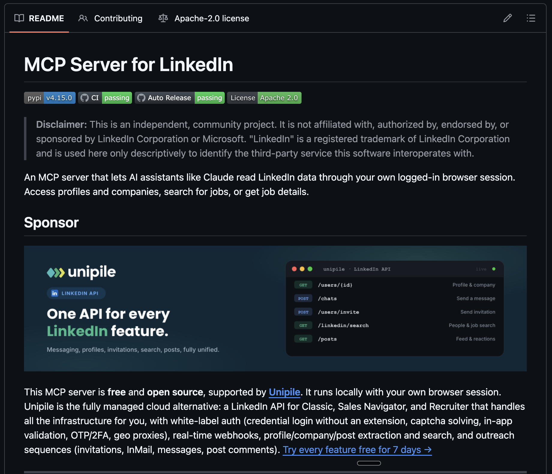 The linkedin-mcp-server GitHub README describing it as a free, open-source MCP server