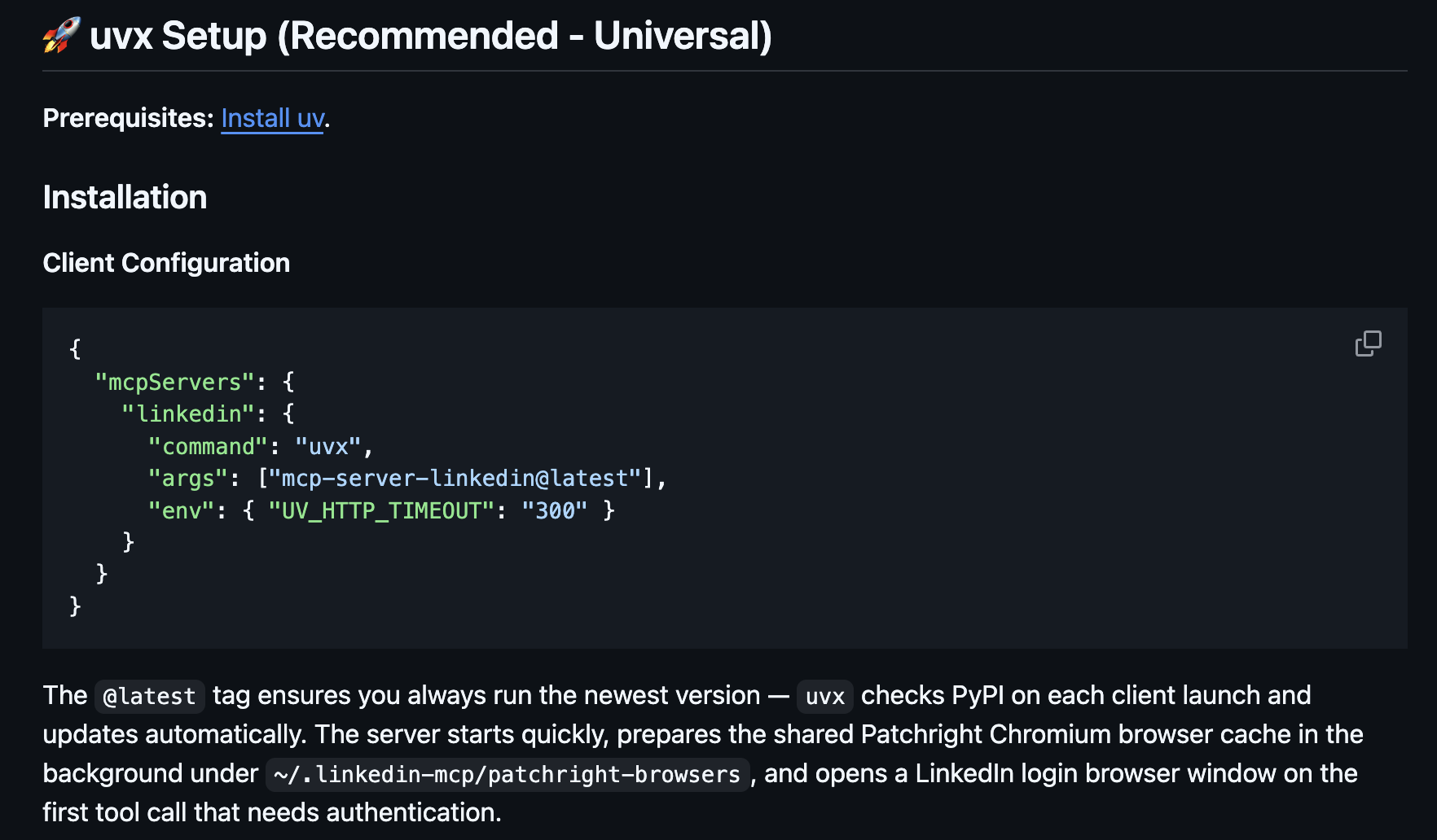 The recommended uvx client configuration for linkedin-mcp-server