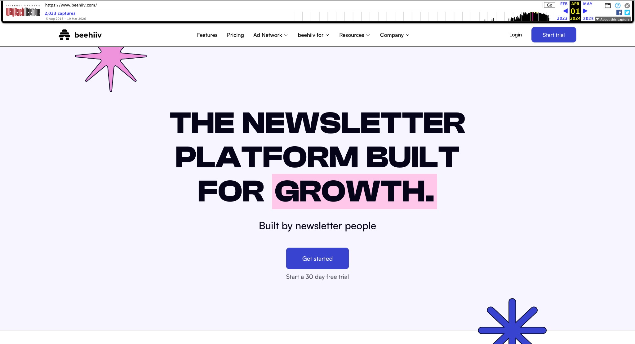 Beehiiv website April 2024 with 30-day free trial CTA