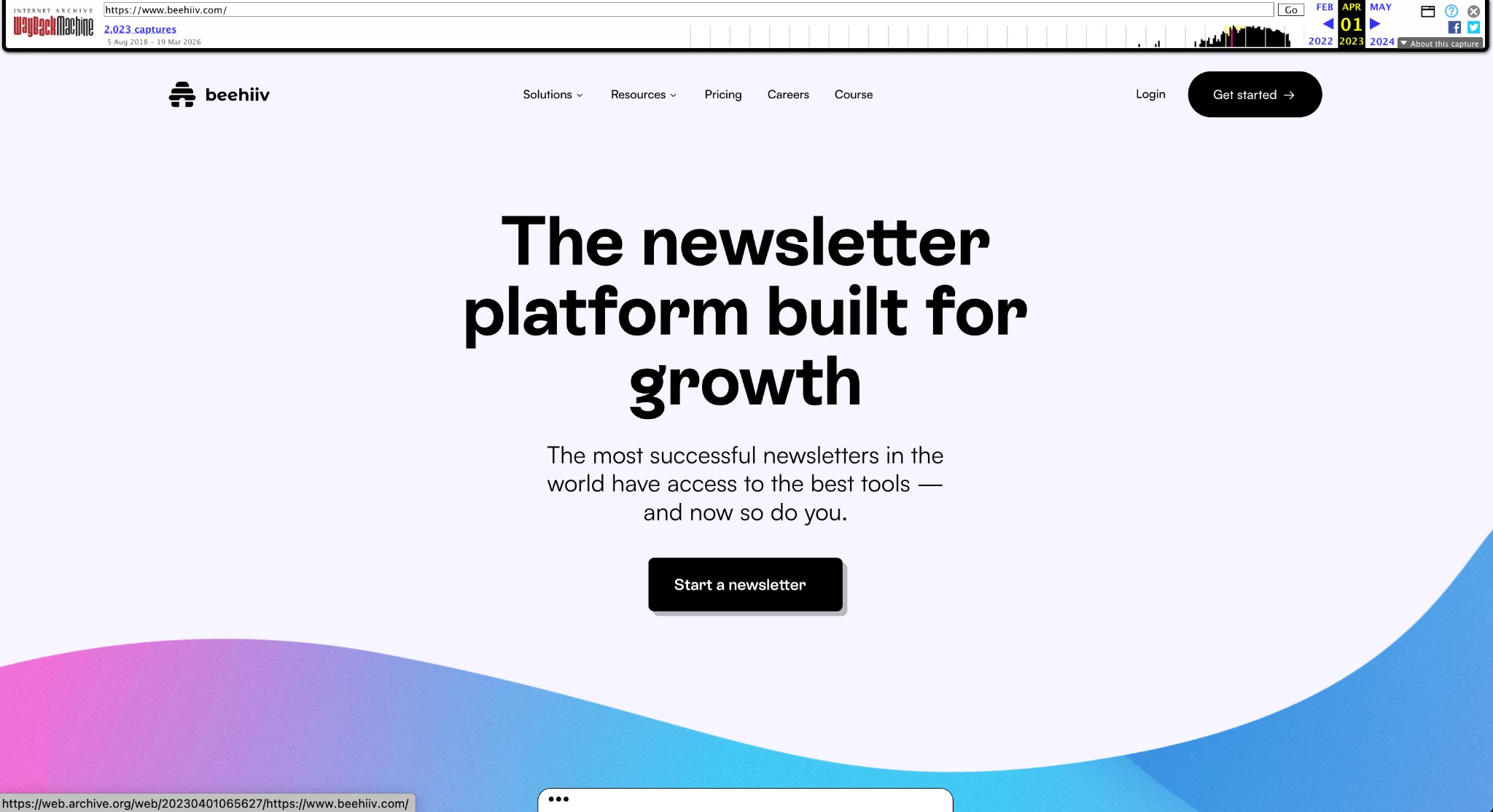 Beehiiv website April 2023 — The newsletter platform built for growth