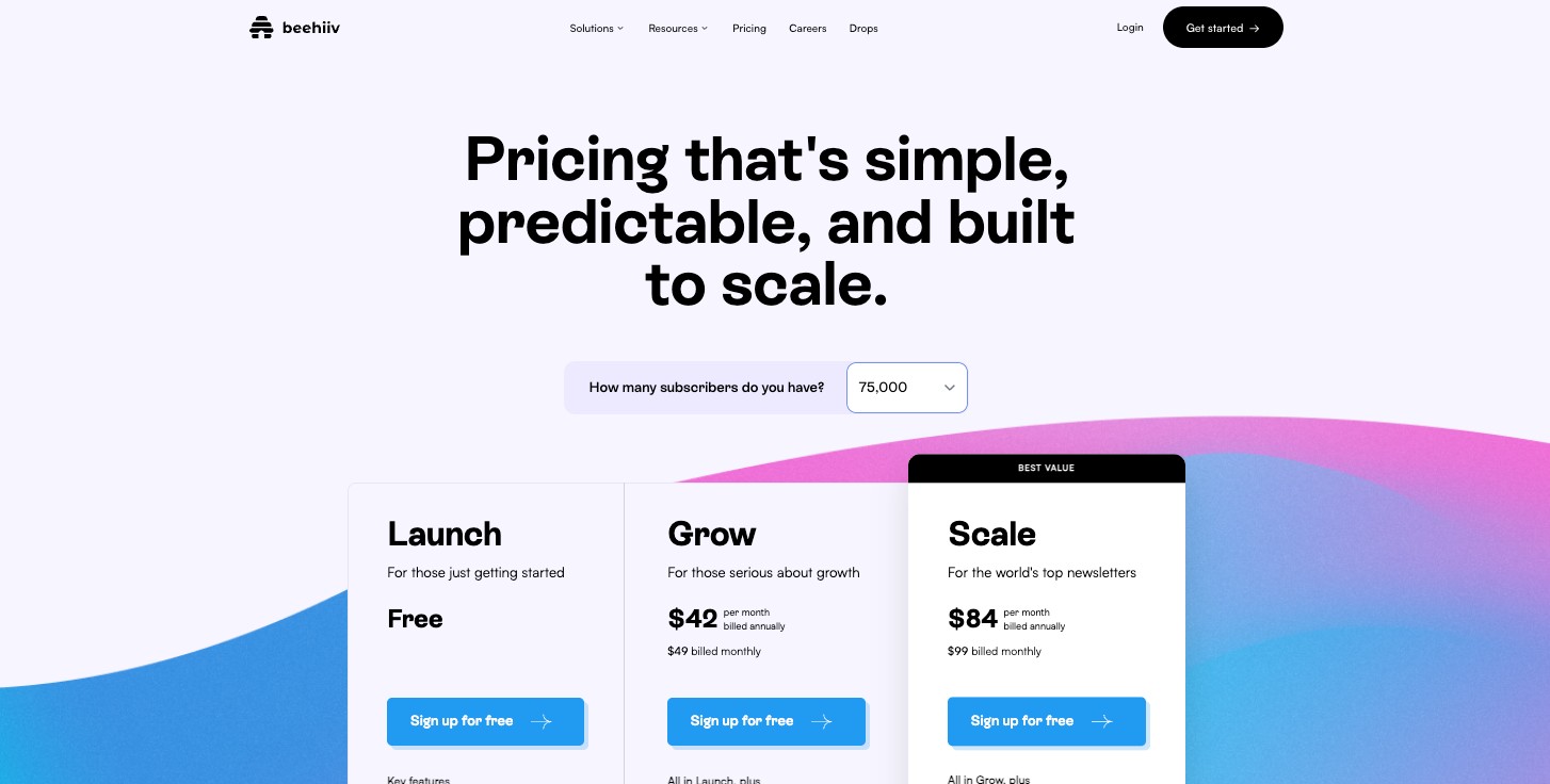 Beehiiv 2022 pricing page — Launch free, Grow $42/mo, Scale $84/mo