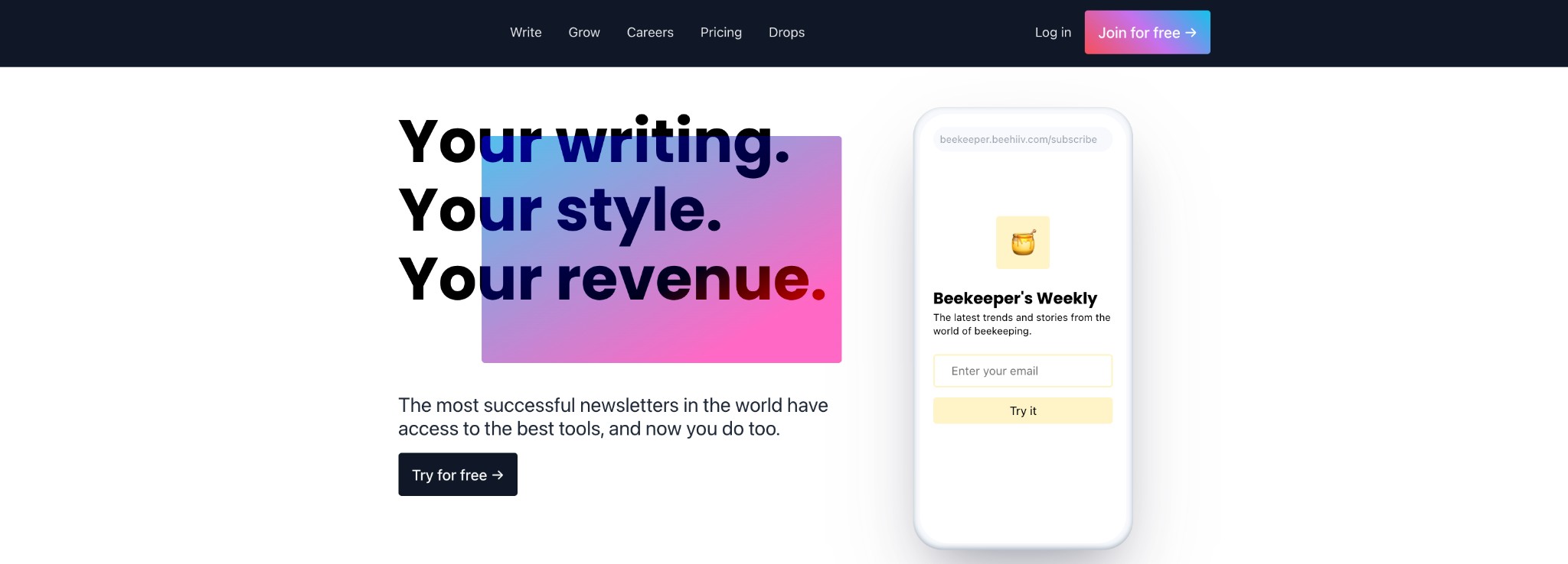 Beehiiv website January 2022 — Your writing, your style, your revenue