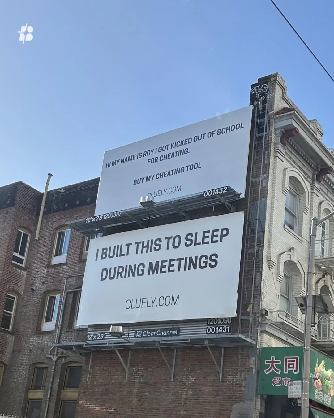 Cluely San Francisco billboard: 'I built this to sleep during meetings, cluely.com'