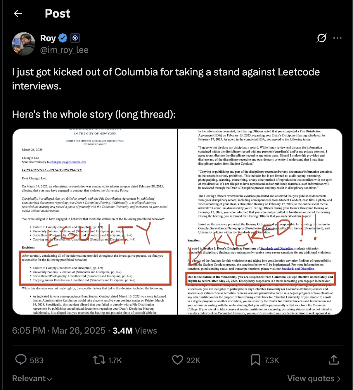 Roy Lee's tweet: 'I just got kicked out of Columbia for taking a stand against Leetcode interviews' with the disciplinary letter, 3.4M views