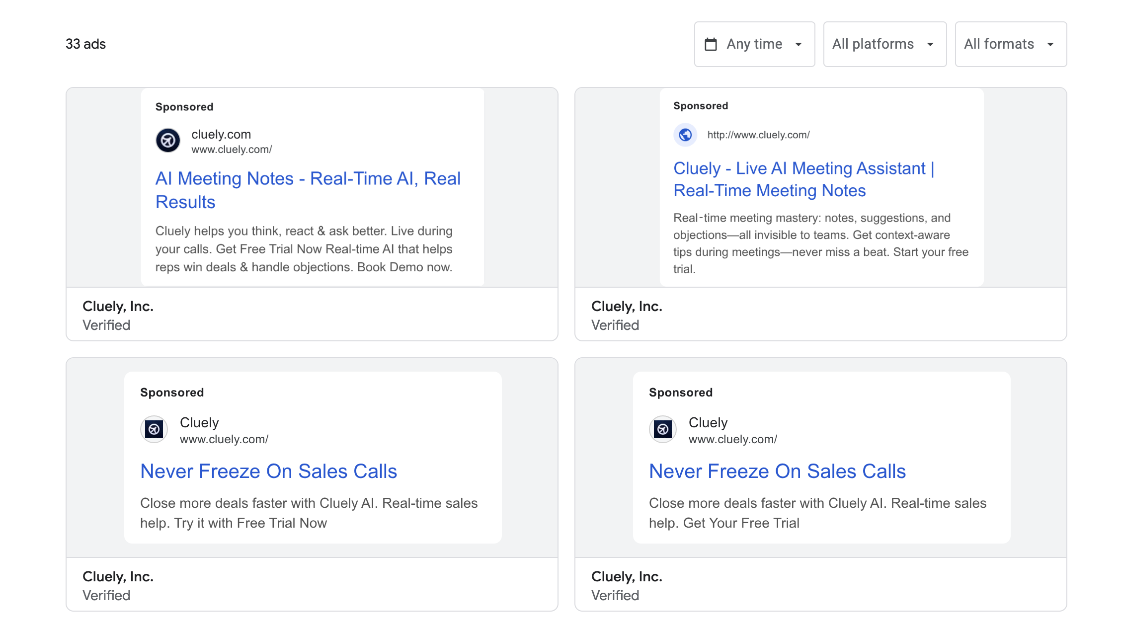 Cluely's Google search ads: 'AI Meeting Notes', 'Live AI Meeting Assistant', 'Never Freeze On Sales Calls'