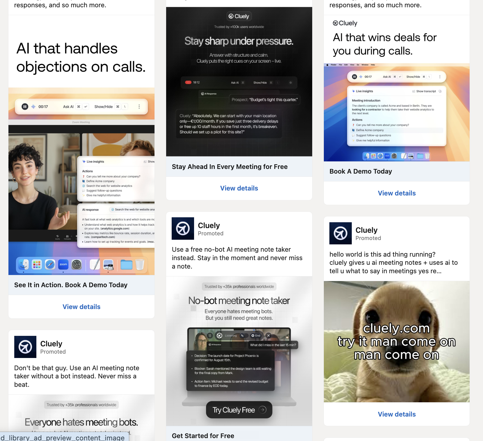 Cluely's LinkedIn image ads, including 'AI that wins deals for you during calls' and a dog meme ad