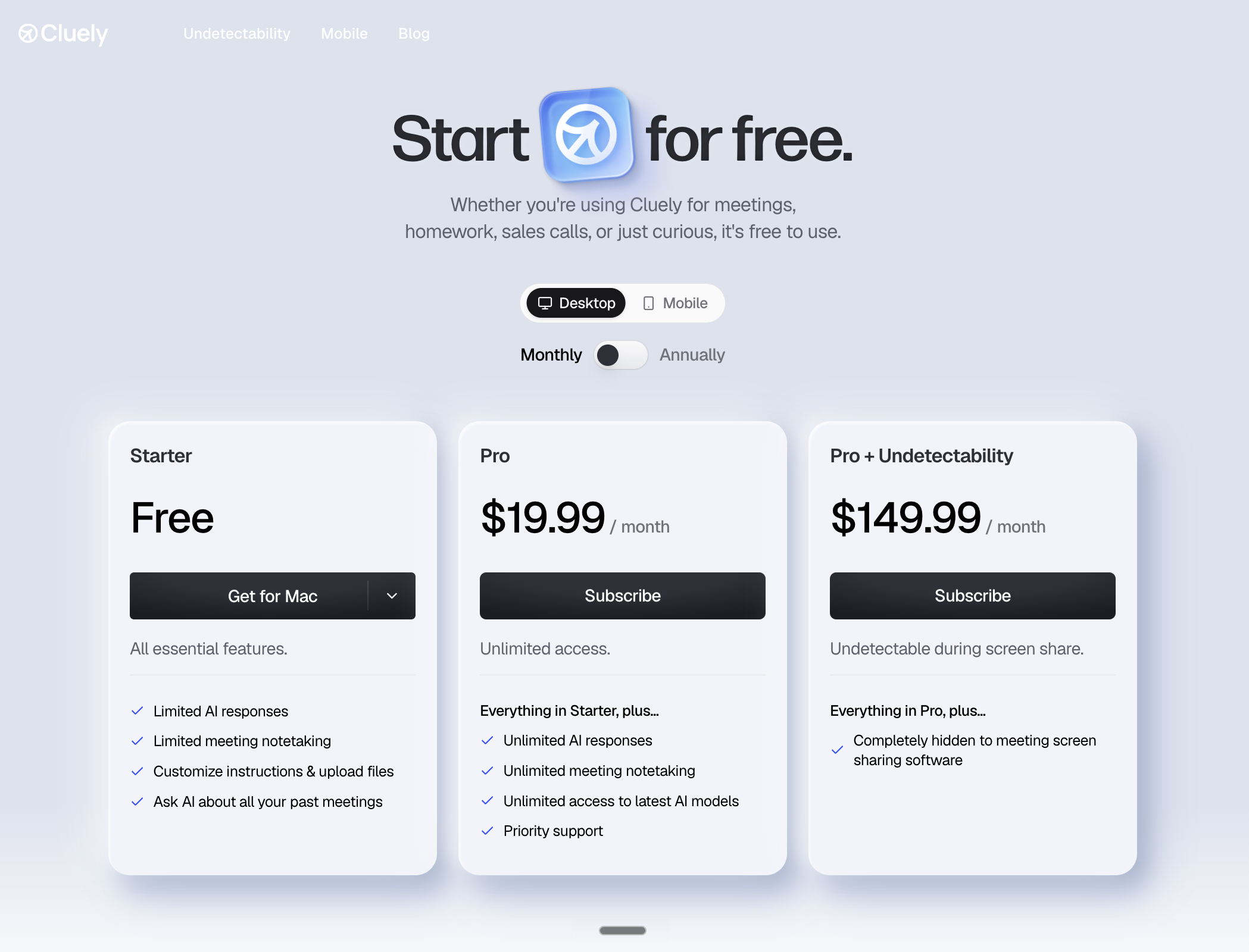 Cluely pricing page: Starter free, Pro $19.99/month, Pro + Undetectability $149.99/month