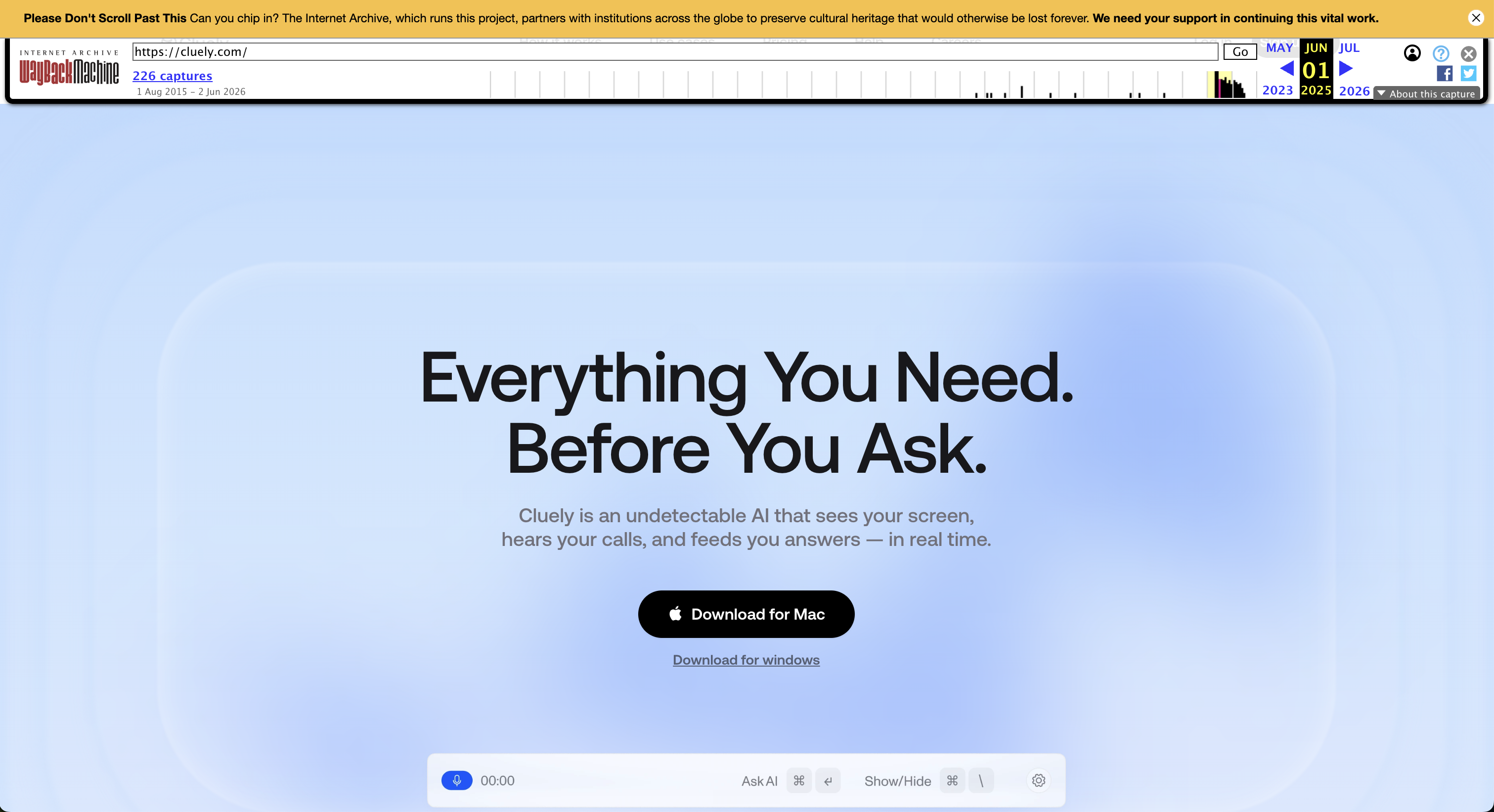 Cluely homepage: 'Everything You Need. Before You Ask.'