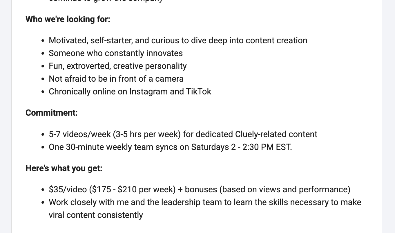 Cluely UGC creator job spec: 5-7 videos/week, $35/video ($175-$210 per week) plus bonuses, weekly Saturday team sync