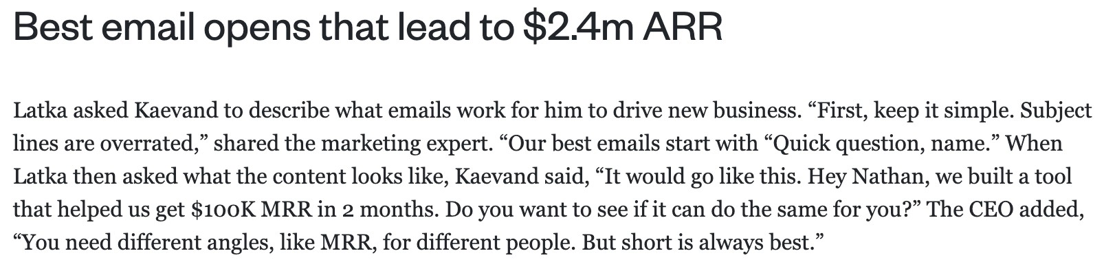 Nathan Latka interview excerpt about Instantly's best email opens that led to $2.4M ARR