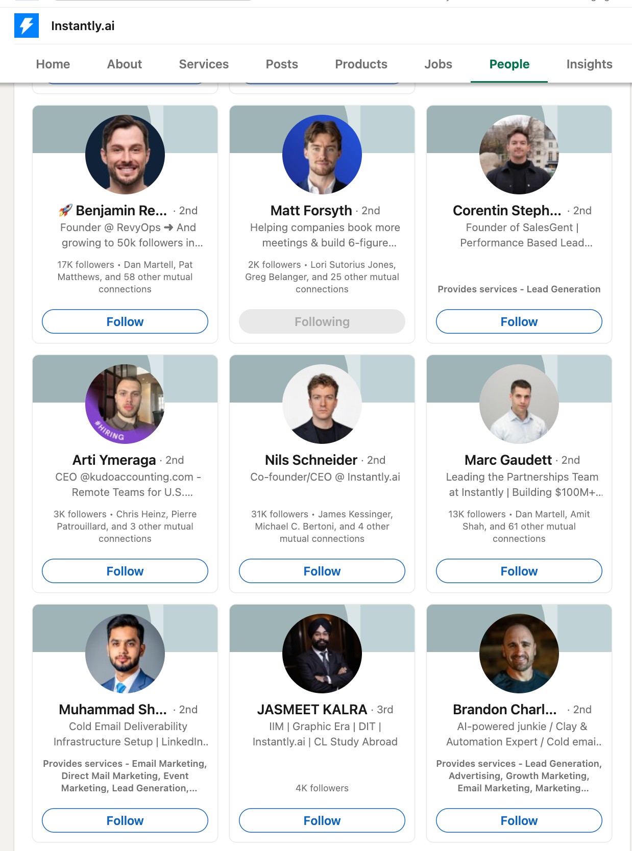 LinkedIn People tab showing Instantly certified experts and agency partners