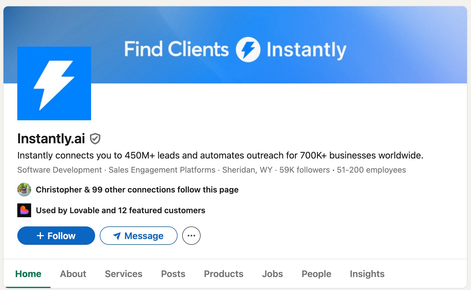 Instantly.ai LinkedIn company page — 59K followers, 51-200 employees