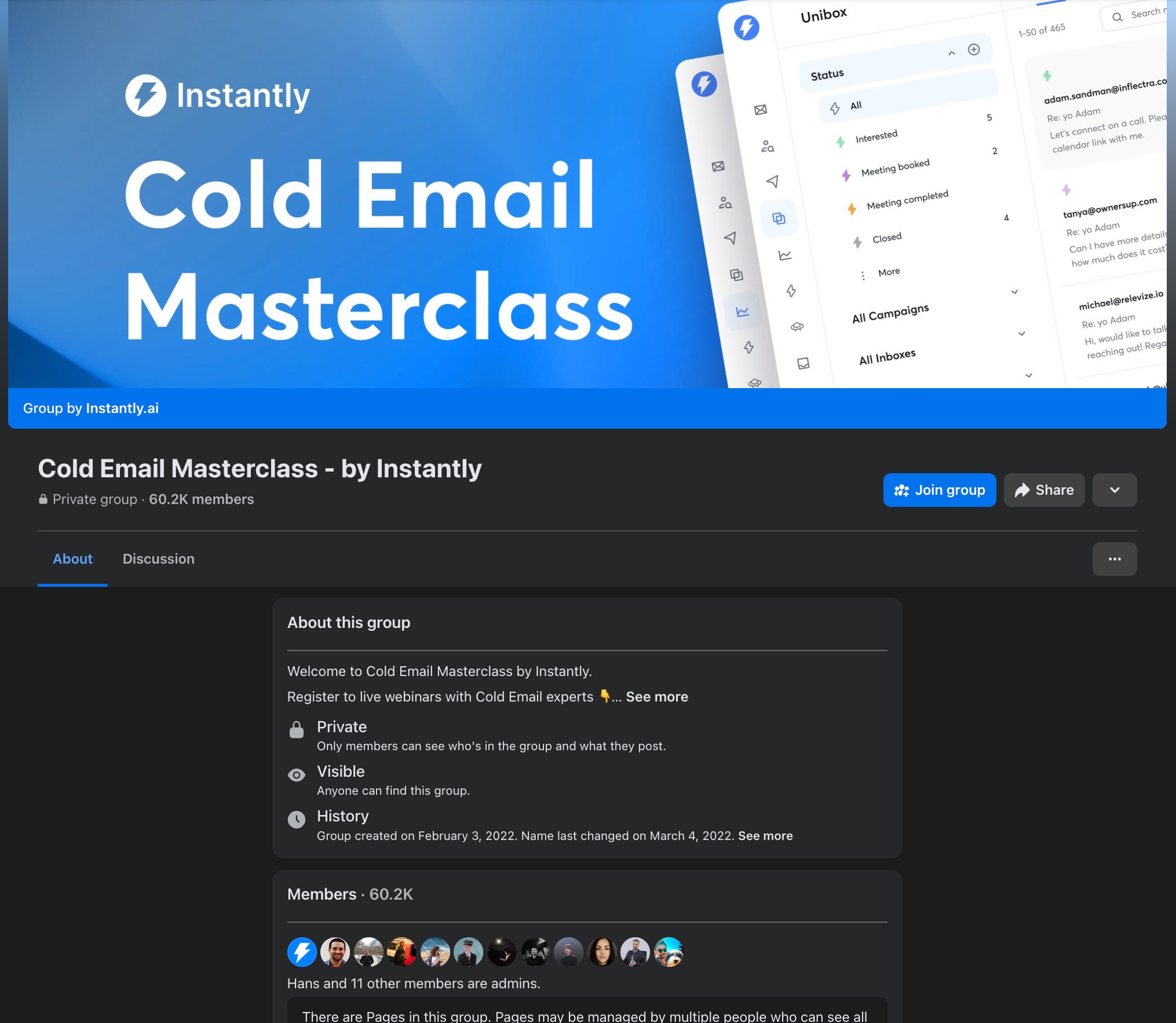 Cold Email Masterclass Facebook group by Instantly — 60.2K members