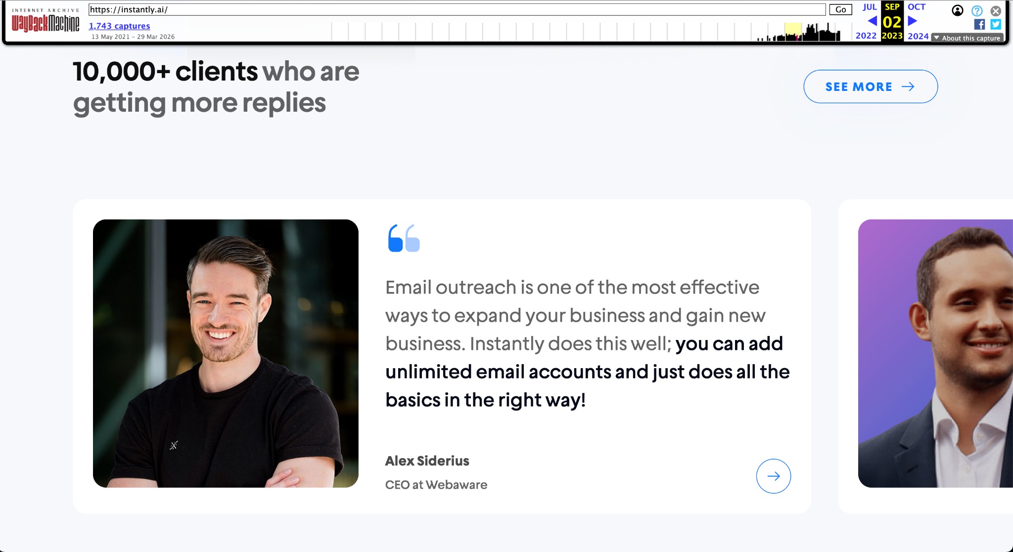 Instantly.ai testimonials section — 10,000+ clients who are getting more replies