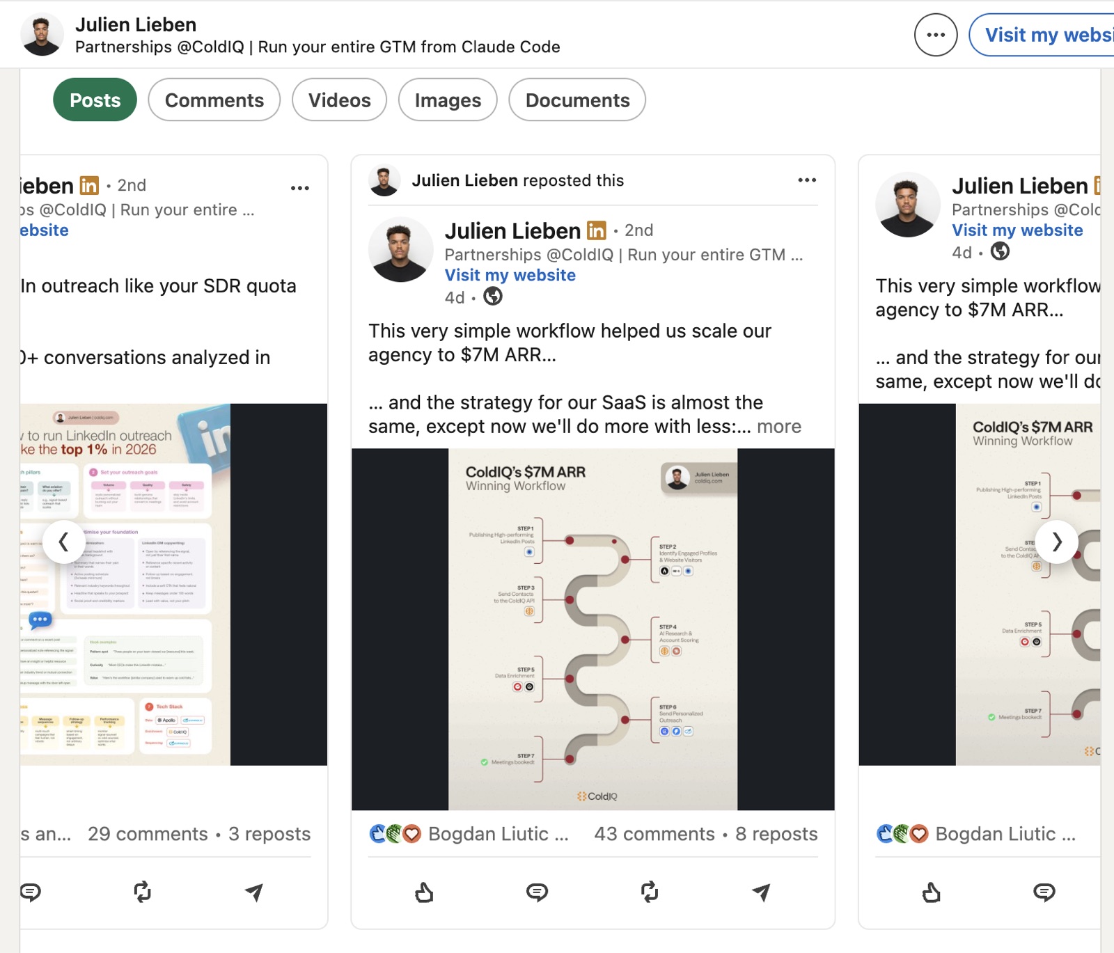 ColdIQ partnerships lead Julien Lieben's LinkedIn posts including the $7M ARR workflow diagram