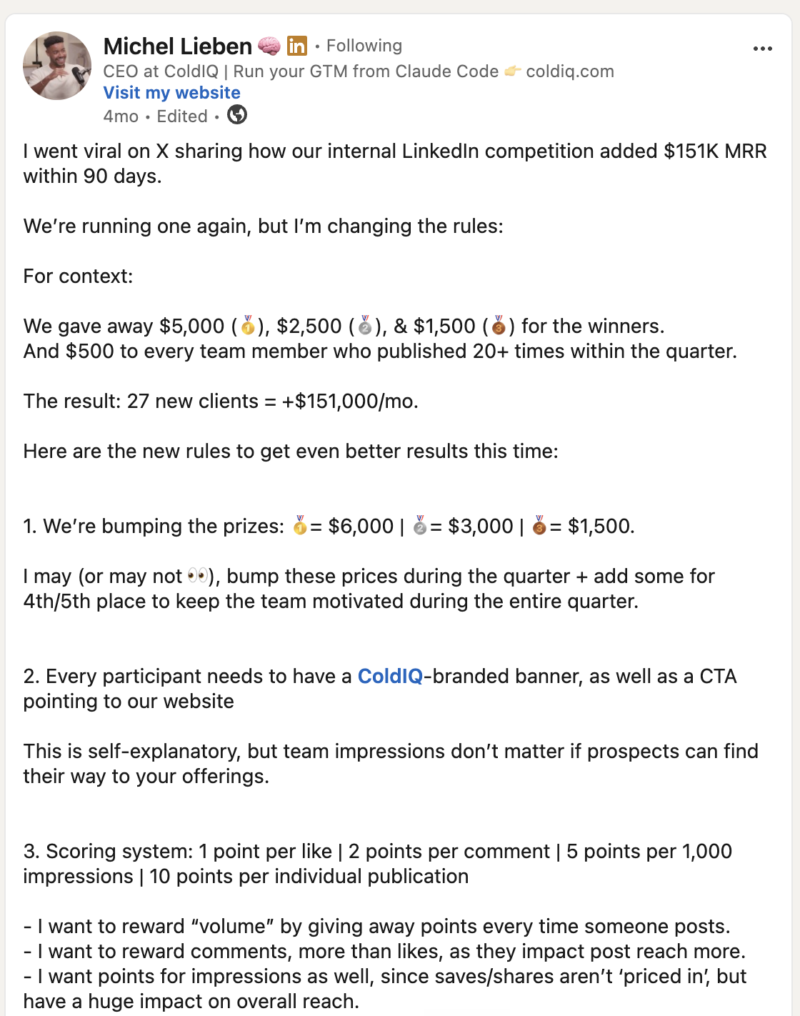 Michel Lieben's LinkedIn post detailing ColdIQ's internal LinkedIn competition that added $151K MRR in 90 days