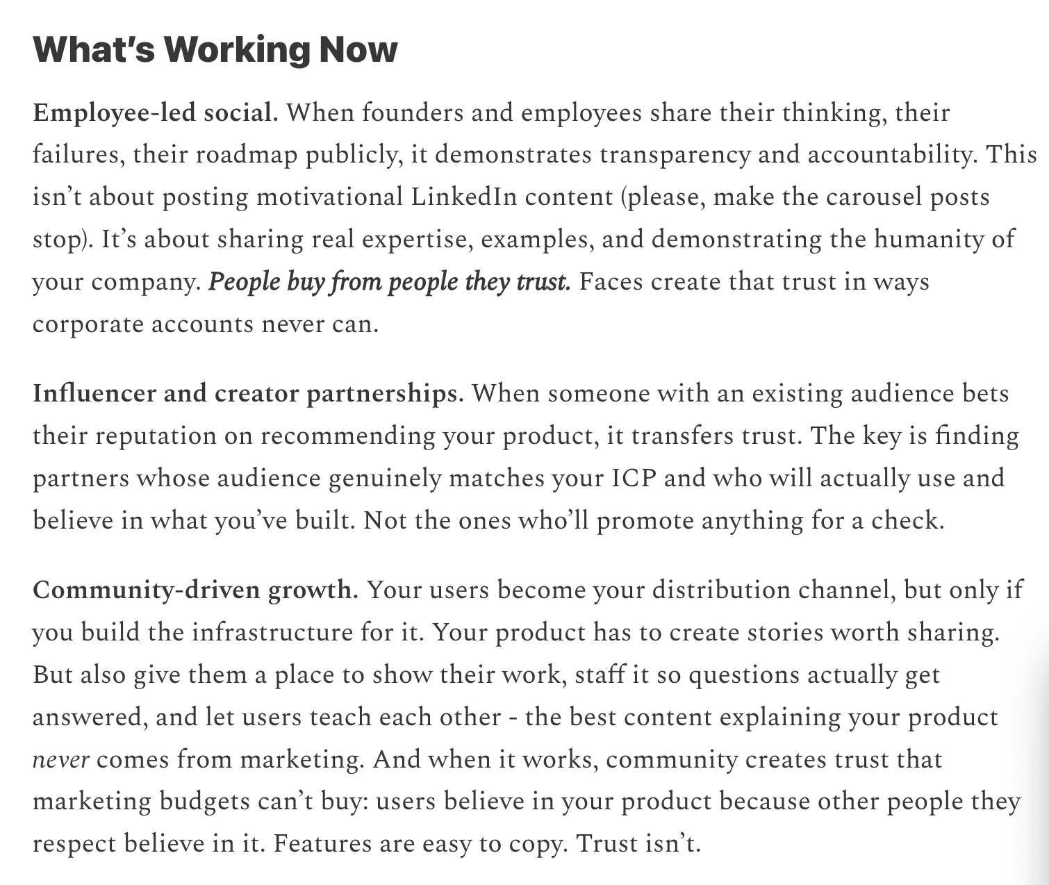 Elena Verna's What's Working Now: employee-led social, influencer partnerships, community-driven growth