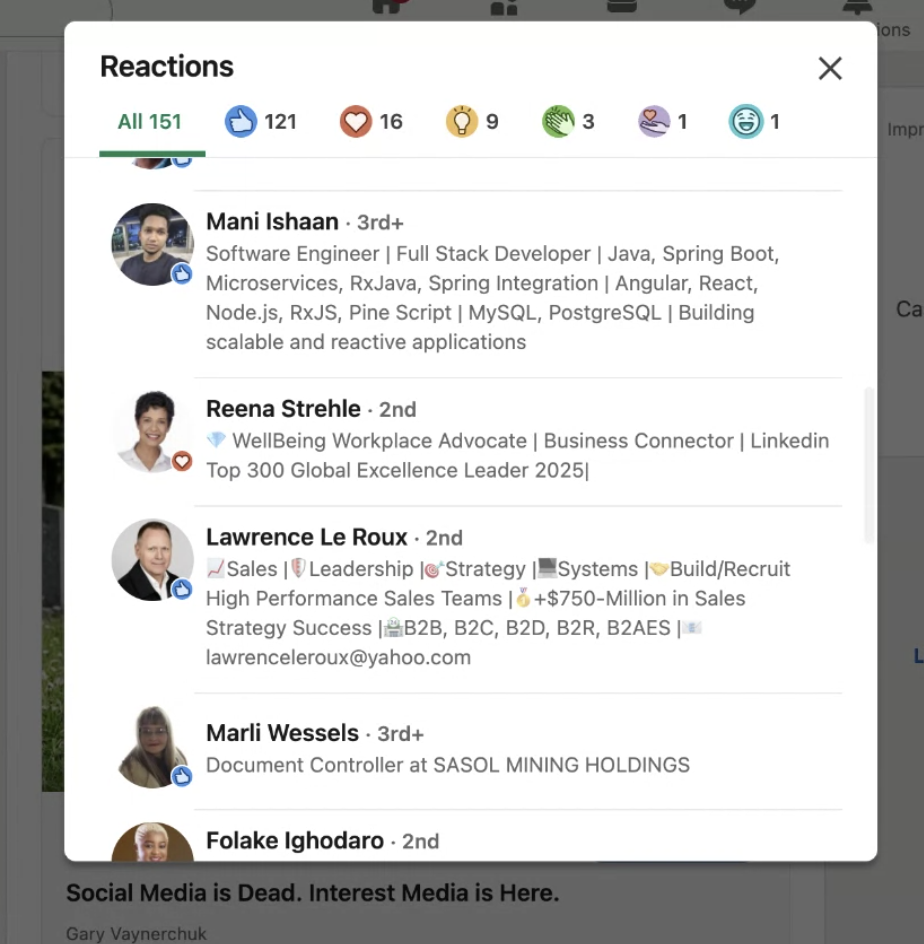 The reactions list on Gary Vaynerchuk's post showing engineers, sales leaders and founders