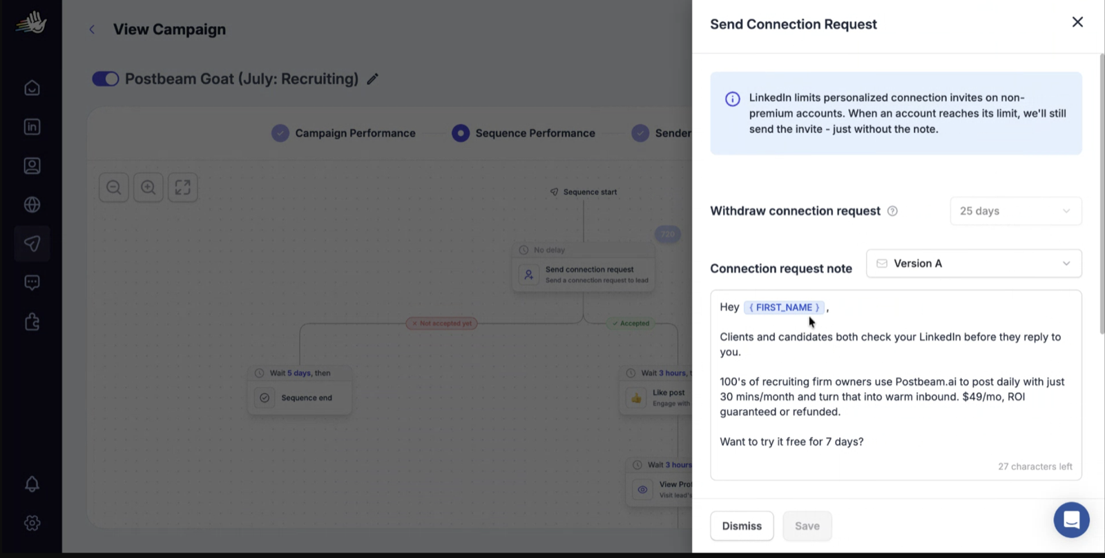 HeyReach connection request note offering Postbeam to recruiting firm owners with a free trial