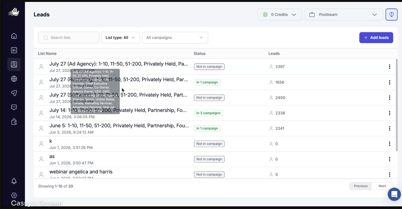 HeyReach lead lists segmented by ad agencies, recruiting agencies, and software companies