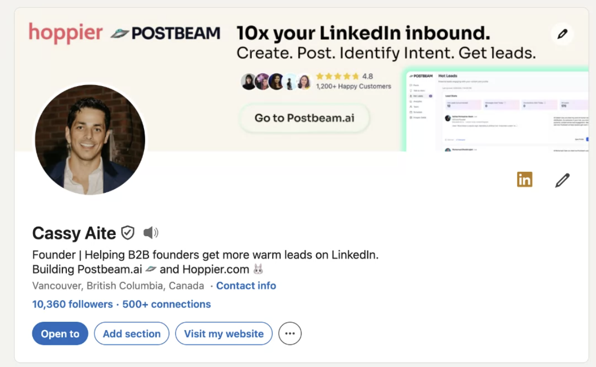 Cassy Aite's LinkedIn profile with a clear headline, banner CTA, and 10,000+ followers