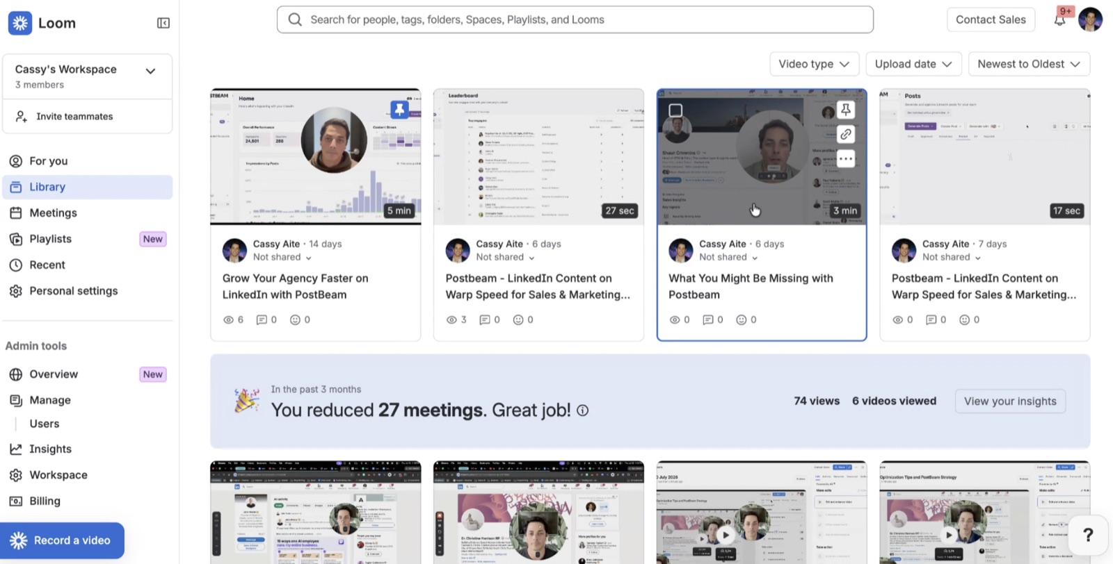 Loom library with hundreds of recorded outreach videos for Postbeam