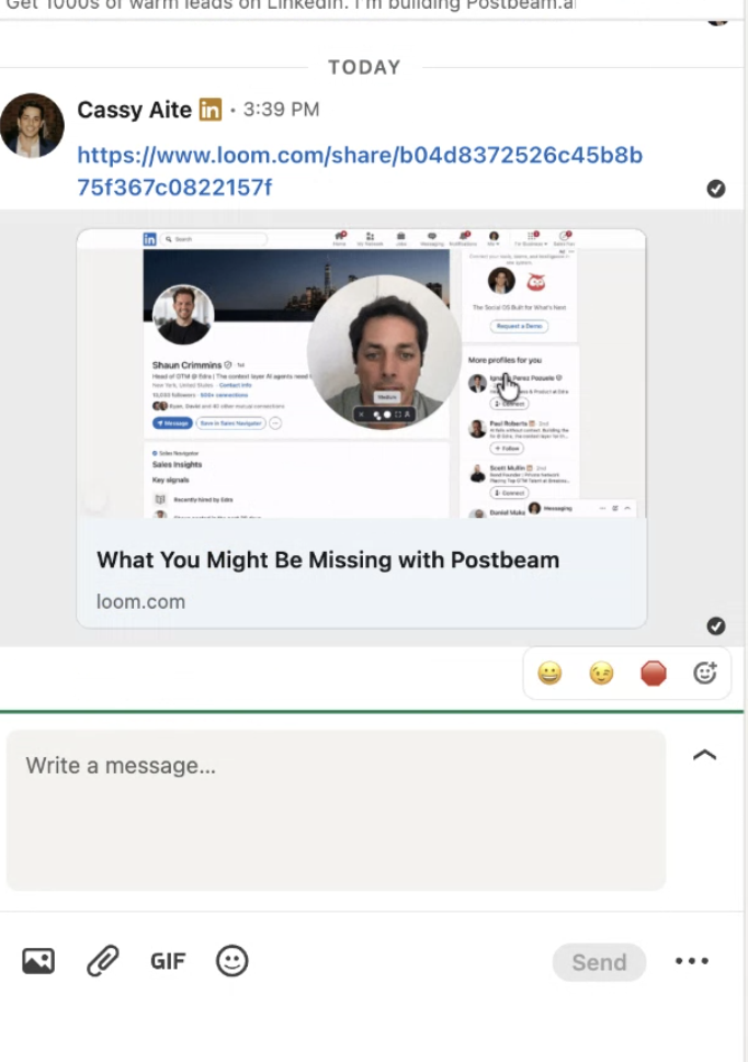LinkedIn DM with a personalized Loom video preview showing the sender's webcam over the prospect's profile