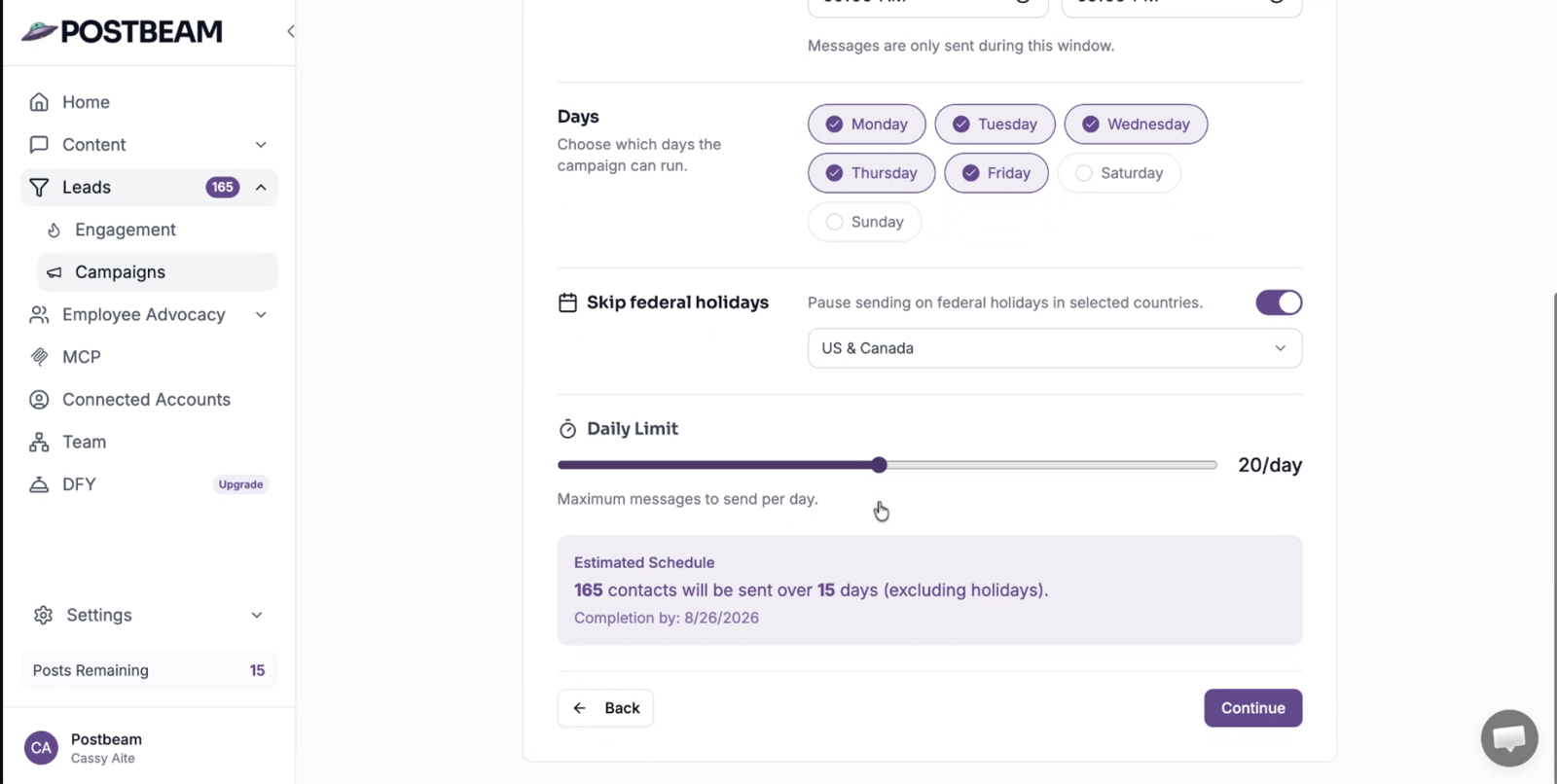 Postbeam campaign scheduling with weekday sending, holiday skipping, and a daily limit of 20