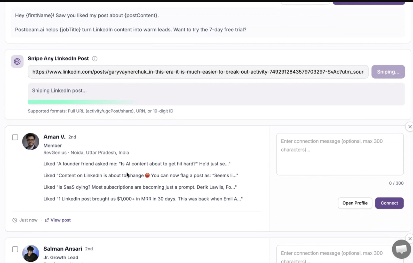 Postbeam's post sniping feature pulling engagers from a Gary Vaynerchuk post with a templated message