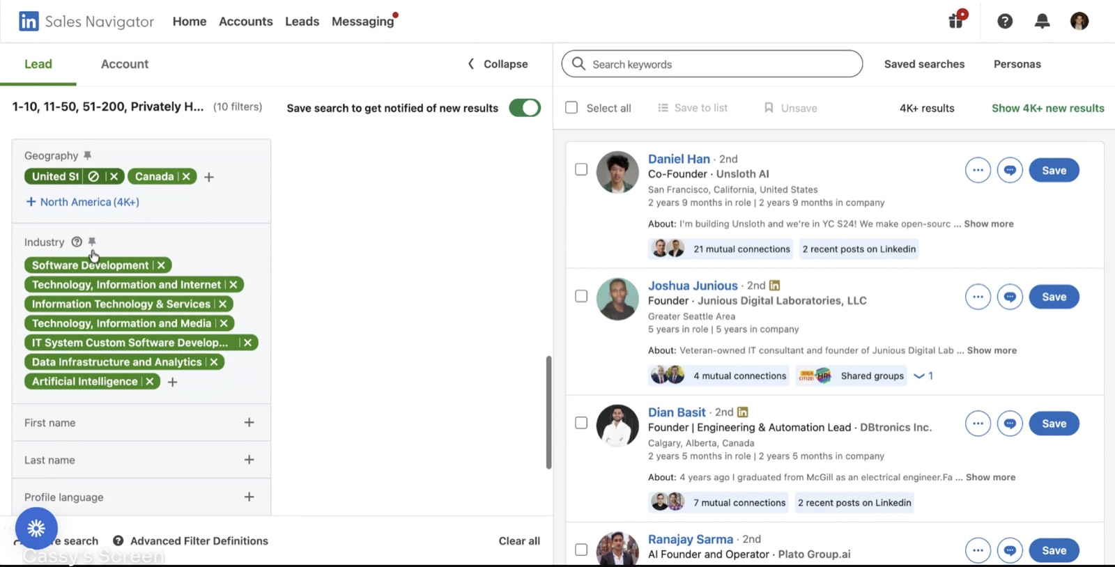Sales Navigator search results showing 4K+ founder leads in software and AI industries