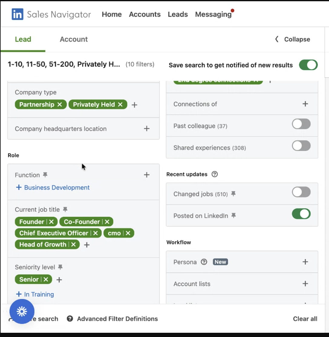 Sales Navigator filters: founder and CEO job titles, senior seniority, and the Posted on LinkedIn toggle enabled