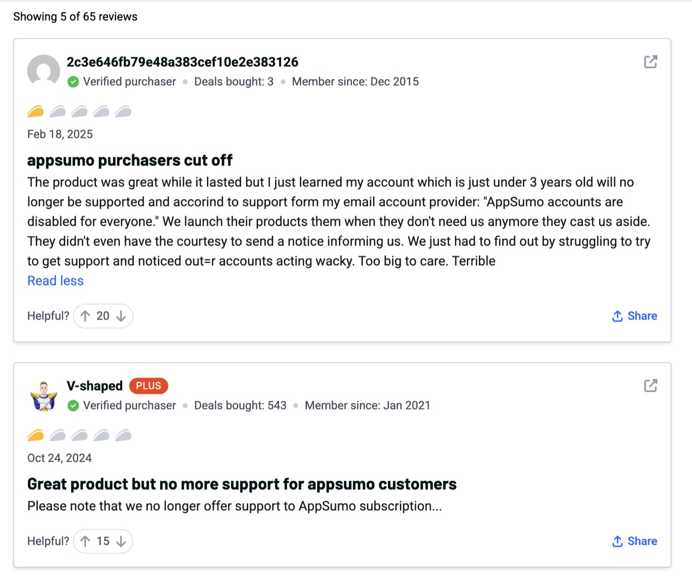 Two negative AppSumo reviews from verified Instantly purchasers reporting that their accounts were disabled and support was no longer offered to AppSumo customers