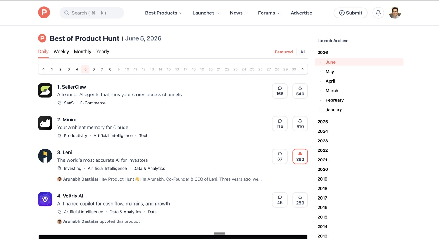 Product Hunt Best of June 5, 2026: Leni ranked #3 with 392 points