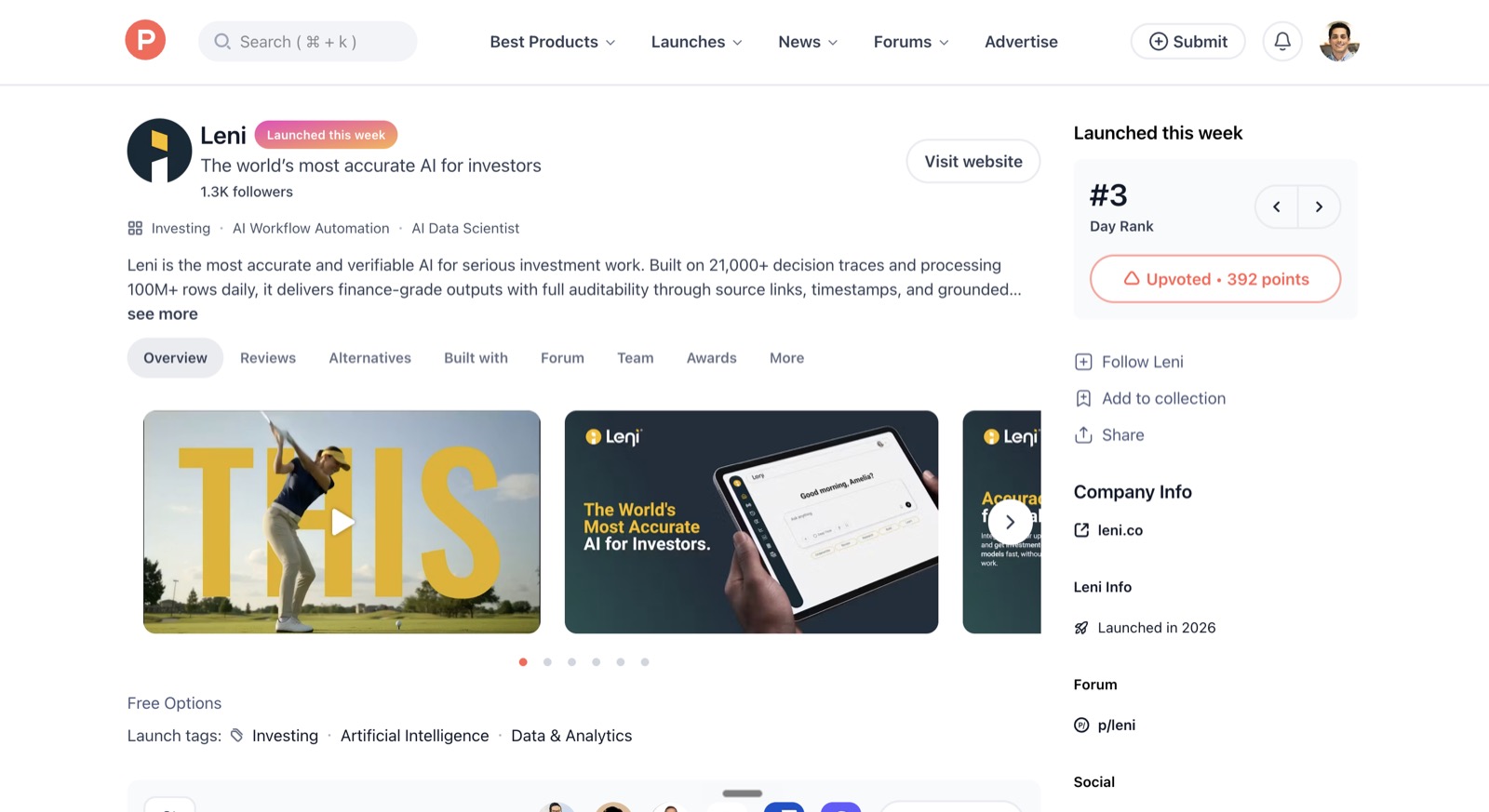 Leni's Product Hunt launch page showing 'The world's most accurate AI for investors'