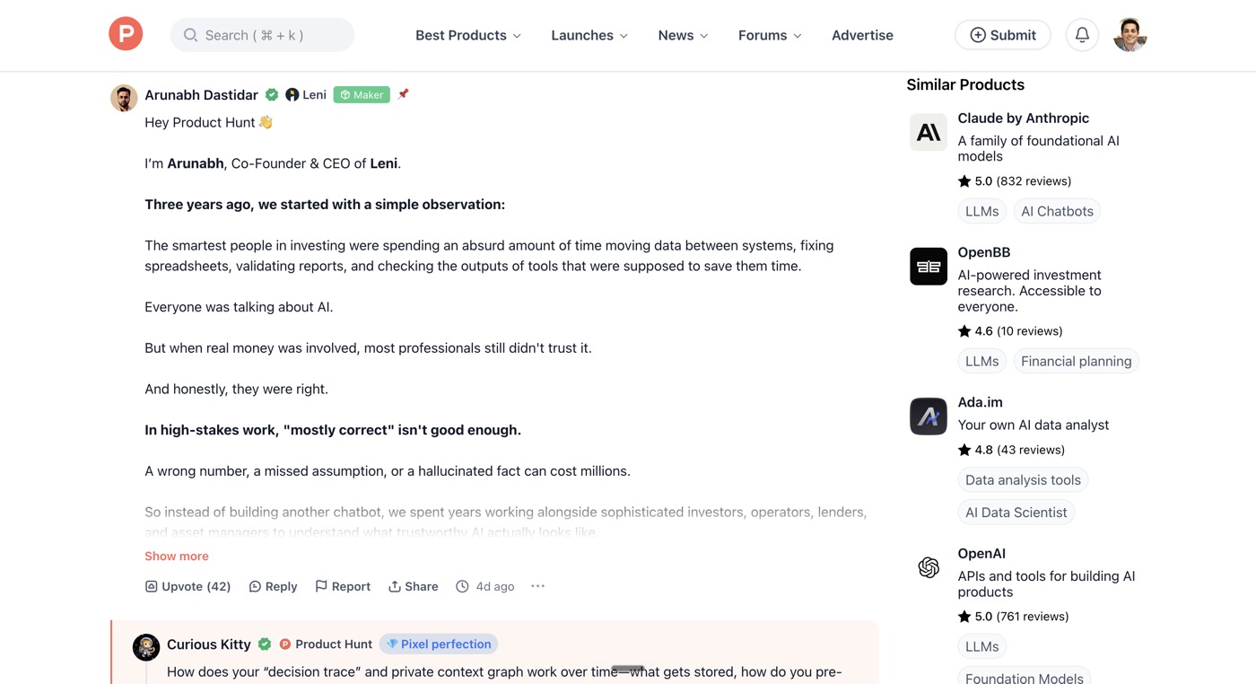 Arunabh's first comment on the Product Hunt launch page introducing Leni and explaining the accuracy thesis