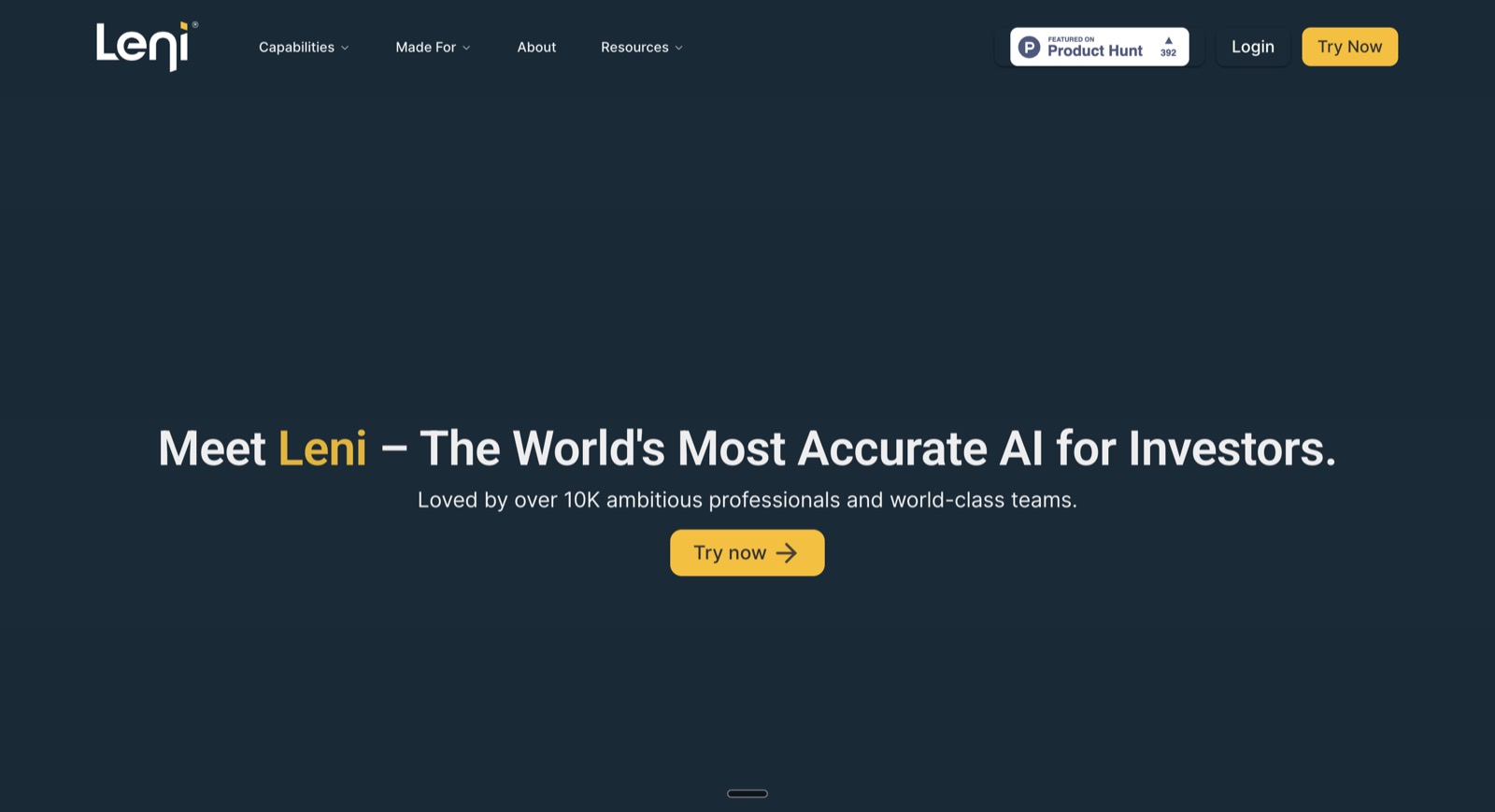Leni.co homepage with 'Featured on Product Hunt' badge prominently displayed