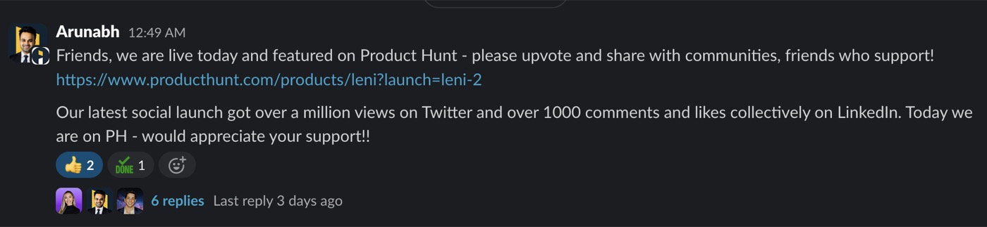 Slack message from Arunabh asking the team to upvote Leni's Product Hunt launch