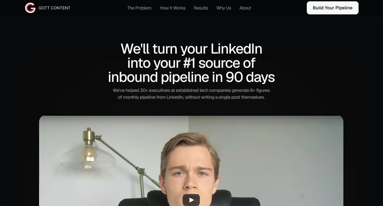 Gott Content homepage: we'll turn your LinkedIn into your number one source of inbound pipeline in 90 days