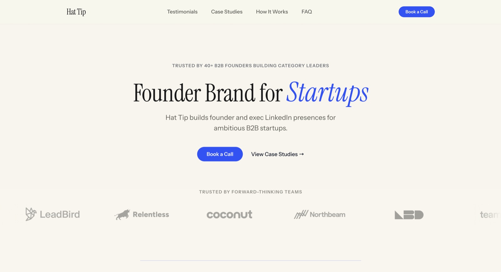 Hat Tip homepage: founder brand for startups, trusted by 40+ B2B founders