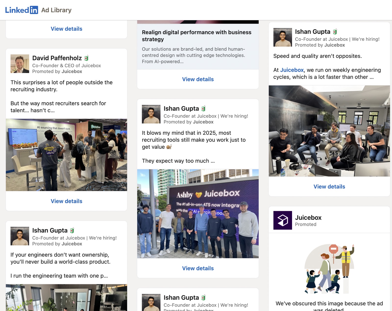 LinkedIn Ad Library showing Juicebox's promoted thought-leader posts from co-founders Ishan Gupta and David Paffenholz, mostly team photos
