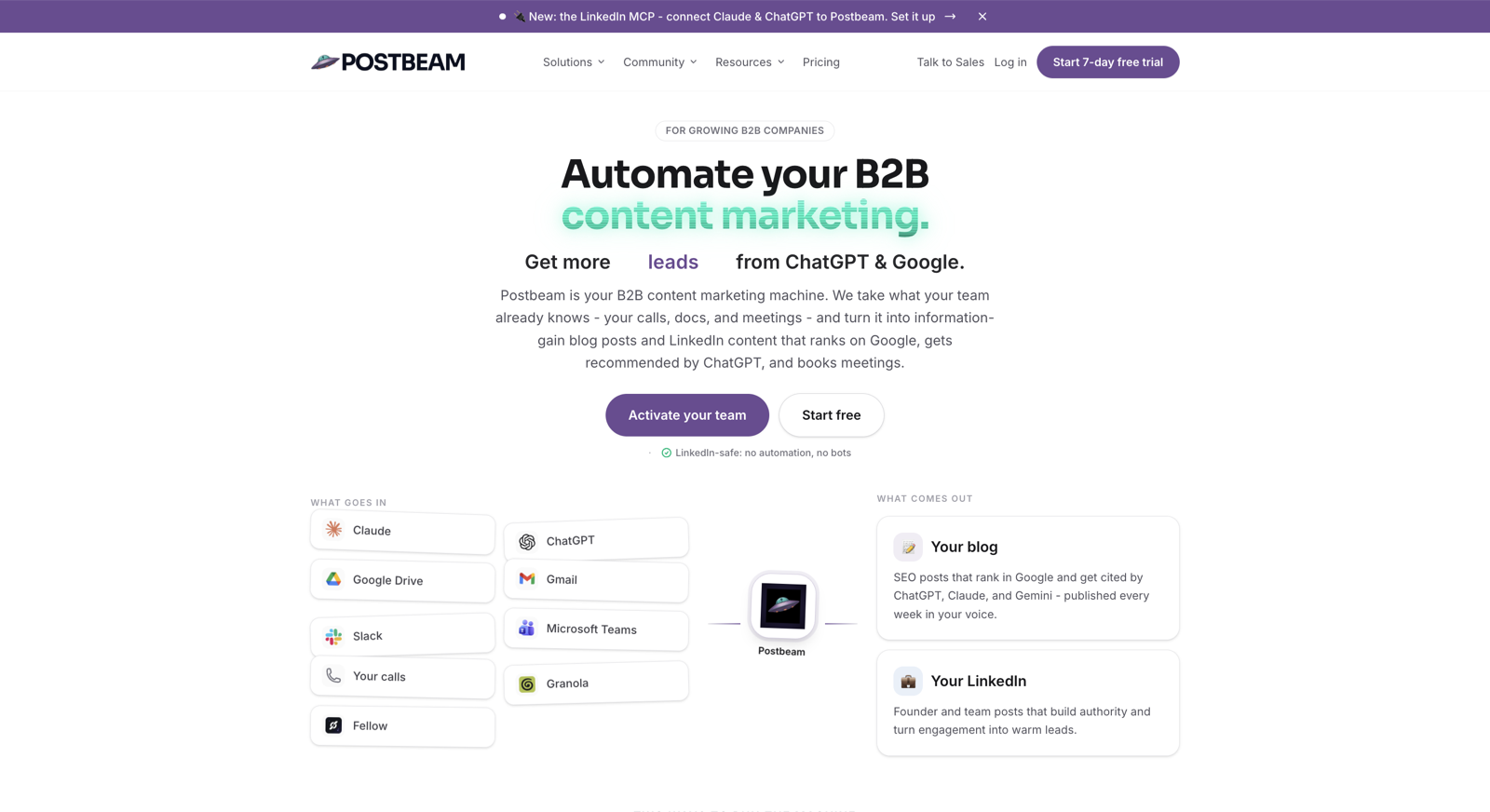 Postbeam homepage: automate your B2B content marketing, with calls, docs, and meetings turned into blog and LinkedIn content