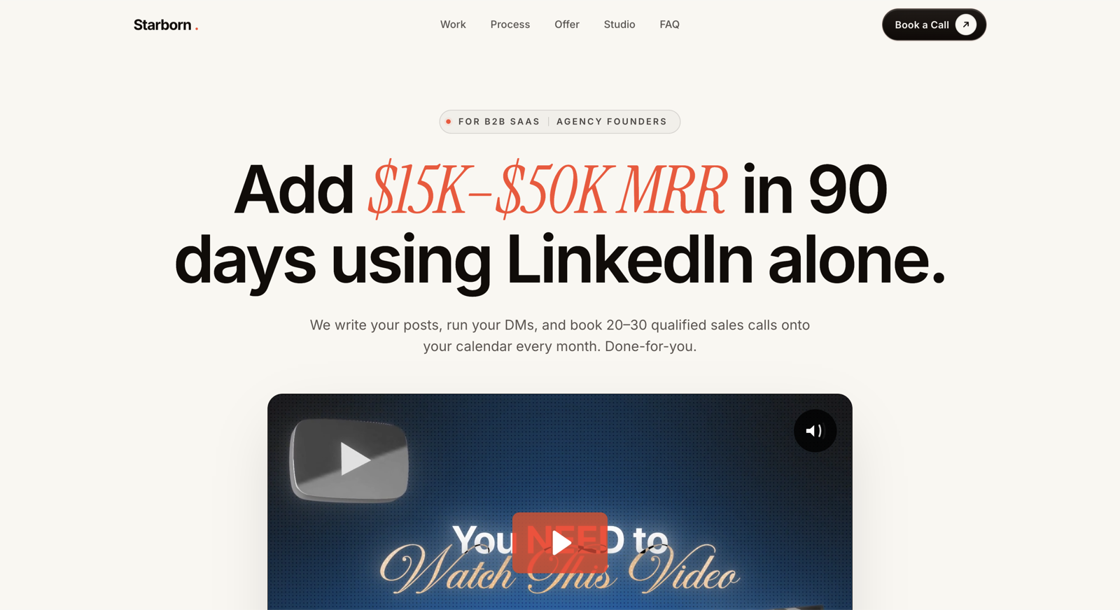 Starborn homepage: add $15K-$50K MRR in 90 days using LinkedIn alone, for B2B SaaS and agency founders